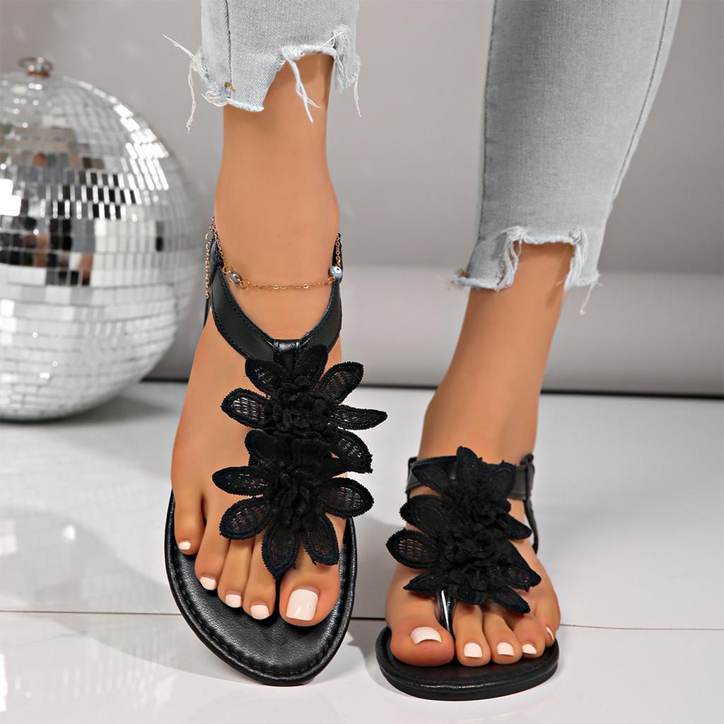 Damen Florale Elastische Band Tanga Sandalen Sommer Lässig Flach Zum Hineinschlüpfen Offene Zehen Leichte Bequeme Strandschuhe