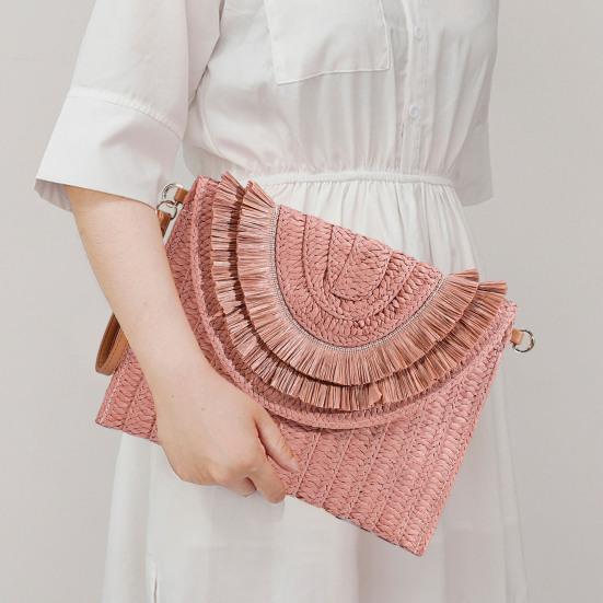 Bag Beach Handmade Bag Large Capacity Fringed Magnetic Closure Straw Crossbody Bag Woven Envelope