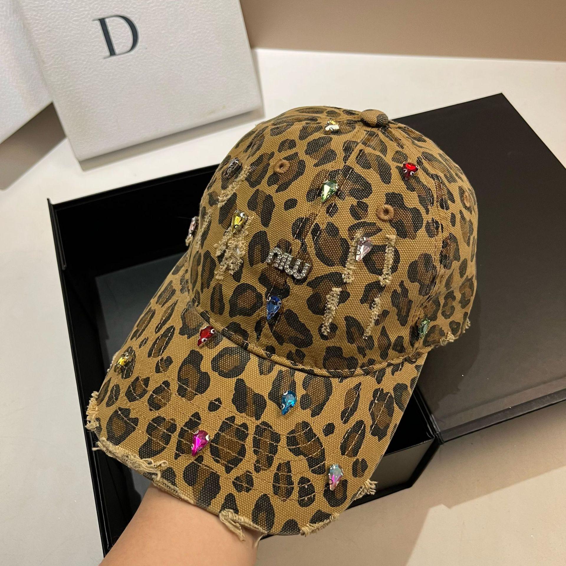 

Youth Personality Publicity Leopard Print Ripped Baseball Cap Heavy Industry Rhinestone Cross Cap Women adjustable
