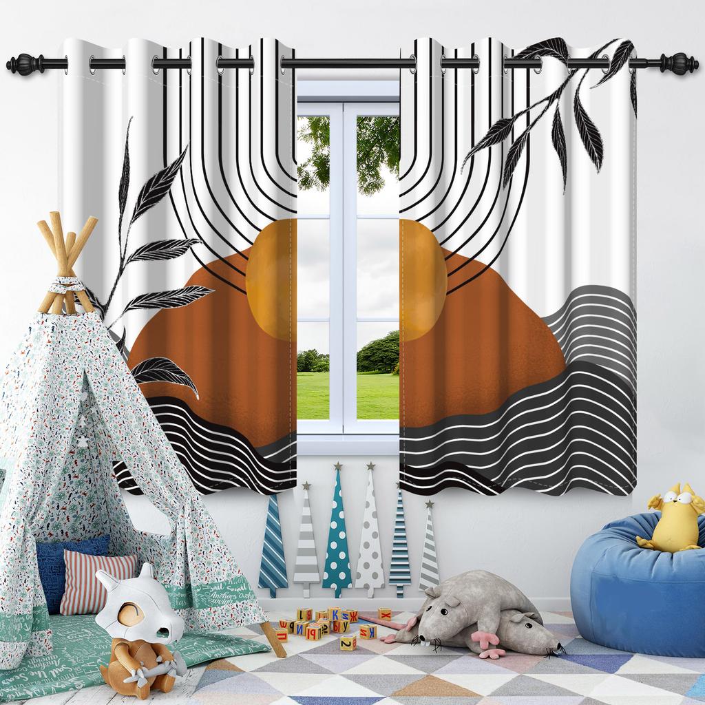 2Pcs Bohemian Style Curtains Plants Leaf Geometric Pattern Blackout Curtains Boho Window Curtain for Bedroom Apartment Decor