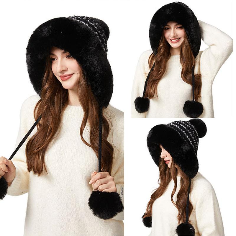 Knitted Hat Winter Big Hair Collar Thick Wool Hat Women's Three Hair Ball Warm Hat