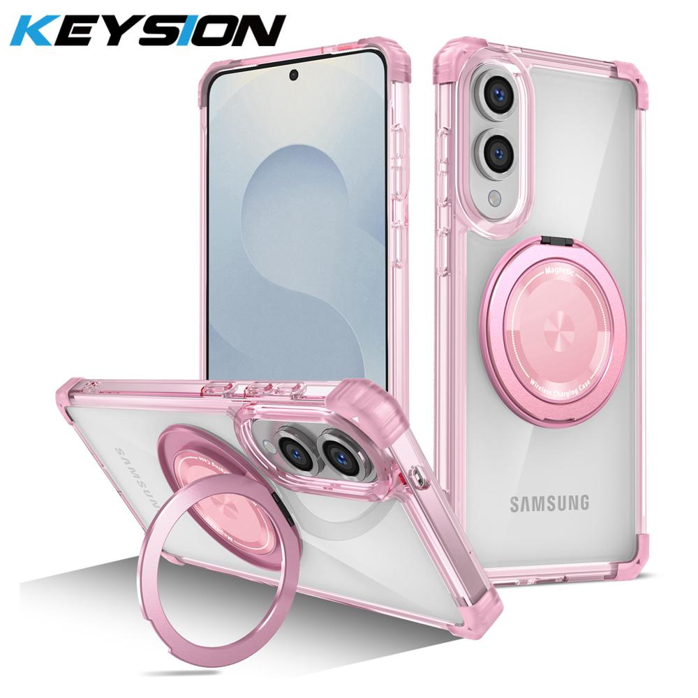 

KEYSION Прозрачный противоударный чехол MagSafe для Samsung S25 Edge 5G Магнитная подставка с кольцом Задняя крышка телефона для Galaxy S25 Edge for Galaxy S25 Edge розовый