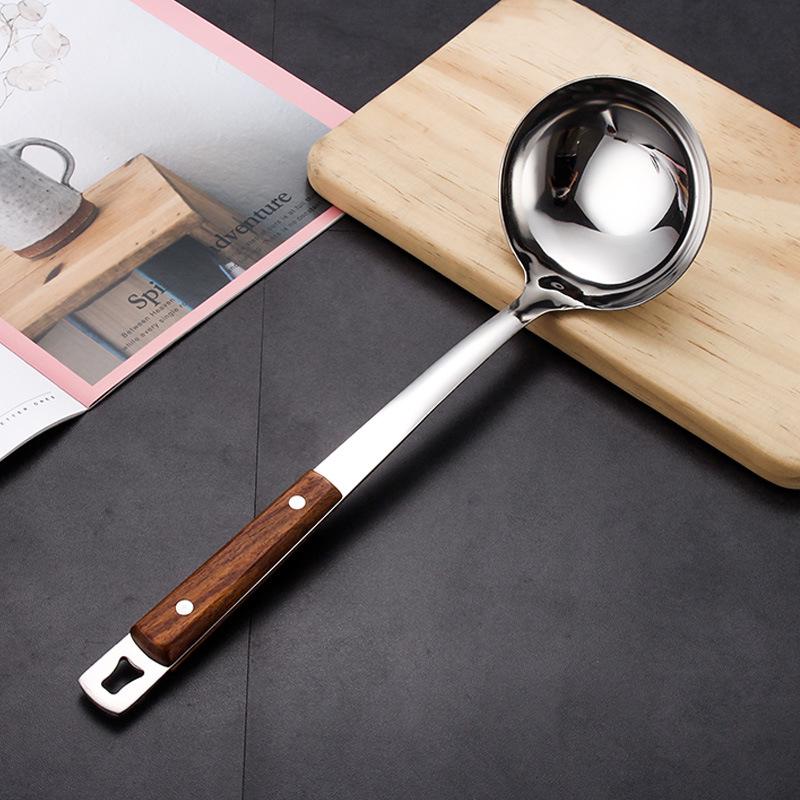 Rosewood Stainless Steel Kitchen Utensil Set: Long-Handled Spatula, Frying Spatula, Thickened Soup Ladle, Slotted Spoon, and Cooking Spoon.