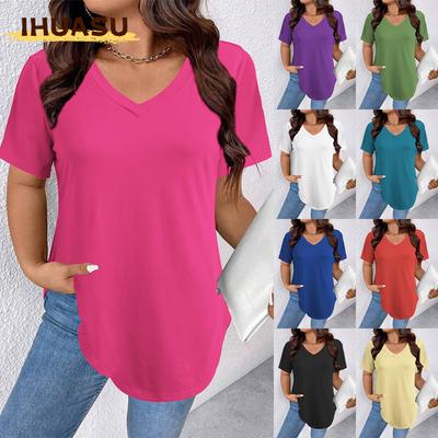 Camicette e camicie da donna con scollo a V, maniche corte, stampa tinta unita casual alla moda