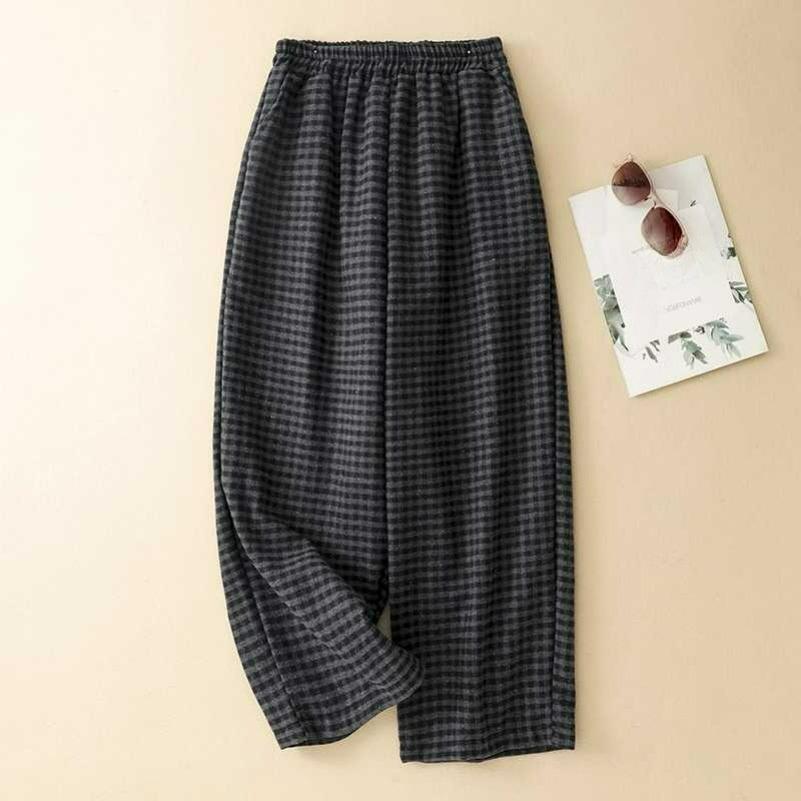 Wool Blend Plaid Straight-leg Pants Elastic Waist Casual Trousers