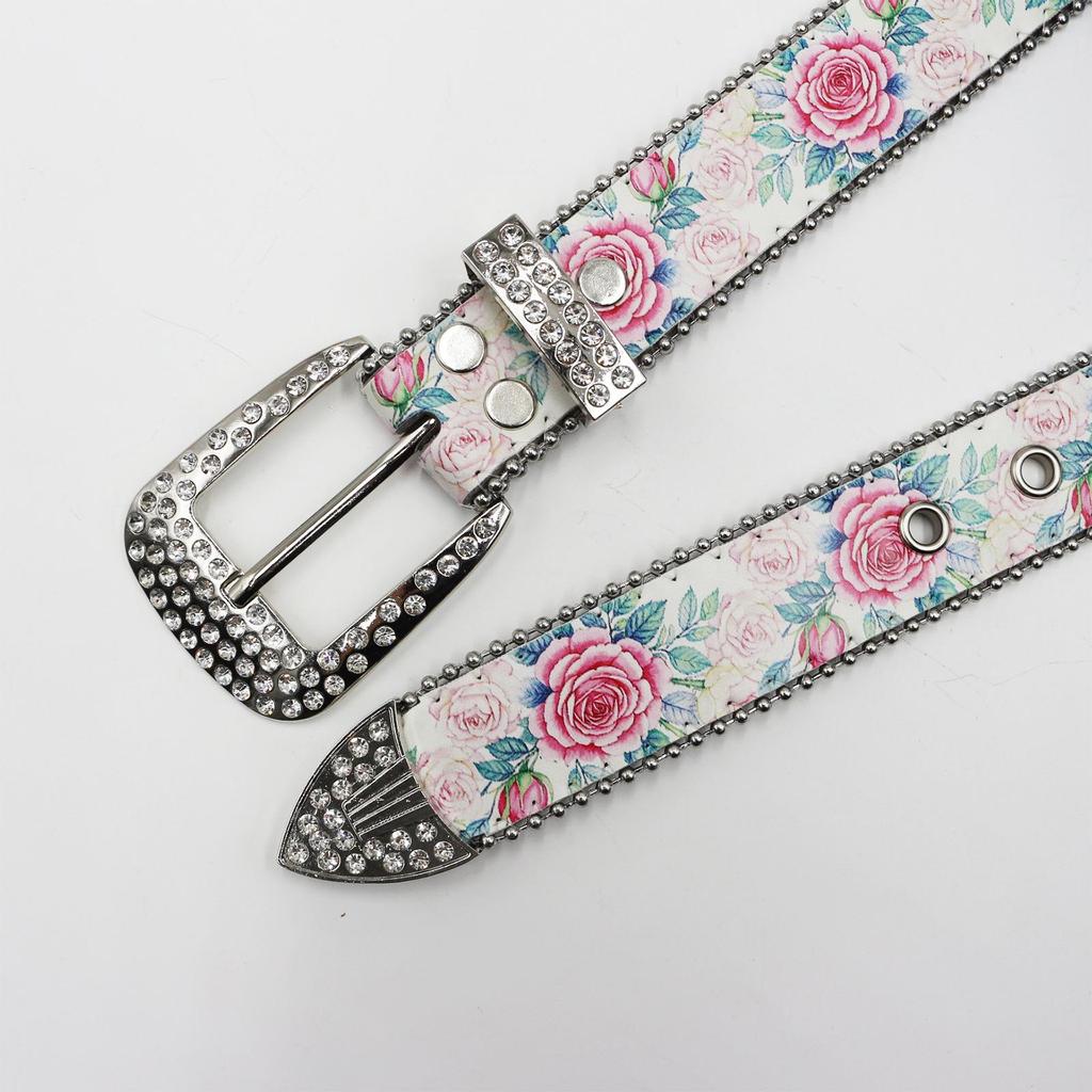 Rose Print Rhinestone Belt - Punk & Bohemian Y2K Style for Trendy Couples and Students