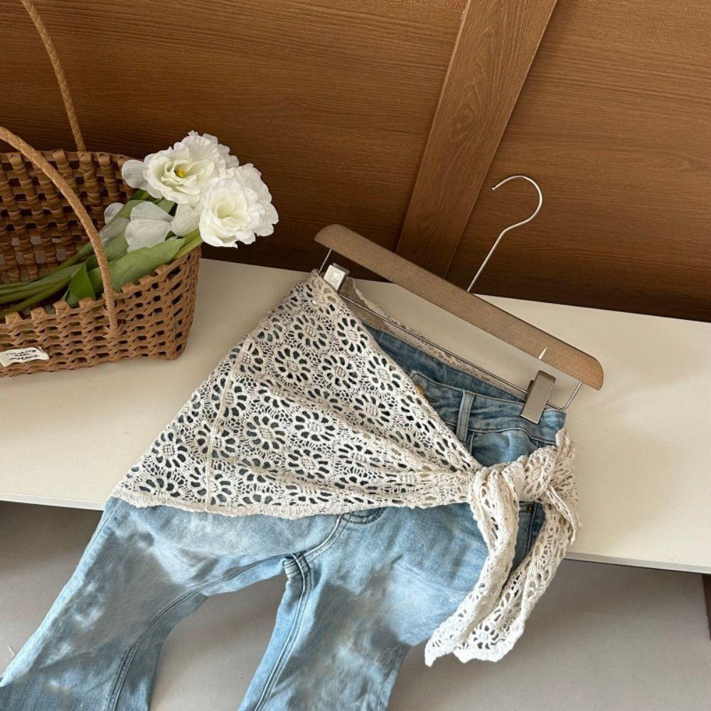 Ethnisch Gestrickter Dreiecksschal Weiße Häkelblumen Schals Durchbrochener Spitzen-Schal Sommer