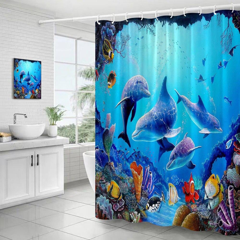Ocean Underwater World Shower Curtains Set Dolphin Animal Cheerful Marine Life Scenery Polyester Fabric for Kids Bathroom Decor
