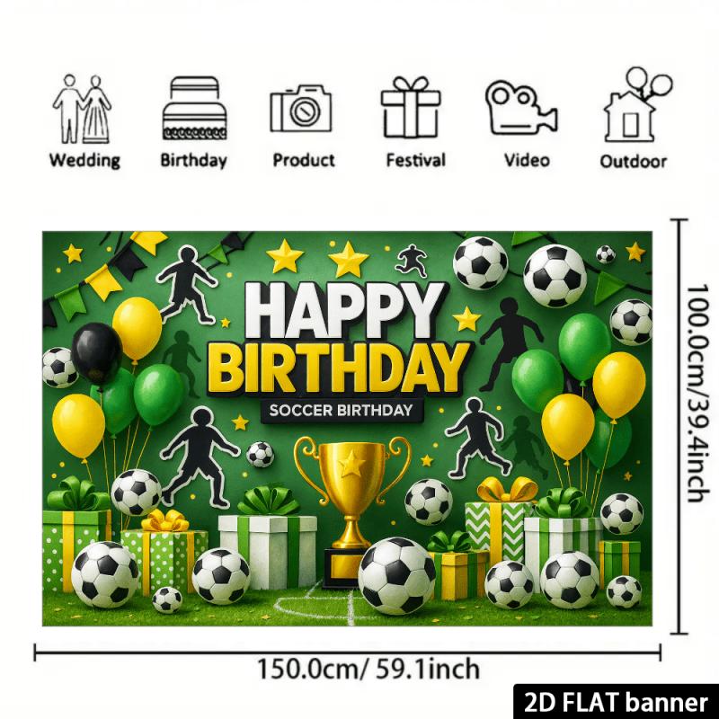 [2D] Flat - [2D] Flat Soccer-Themed Birthday Backdrop Soccer Goal  Gold Trophy  Soccer Decorations