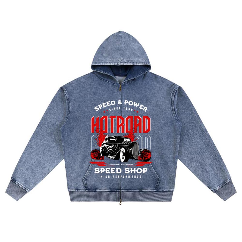 DTG Print Knitted Denim Zip-Up Hoodie Hotroad Speed Shop Brother Print Zipper Hoodies  