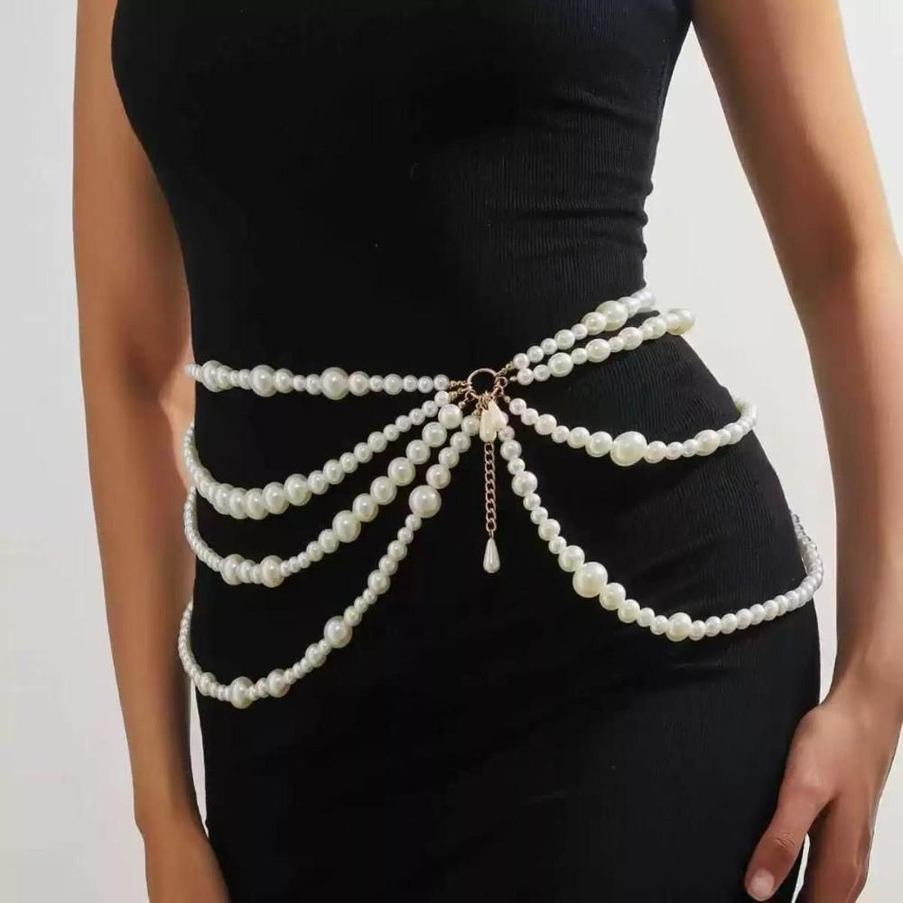 Golden Multilayer Body Chain Y2K Beadeds Body Chain Fashion Pearl Waist Chain Character Playing