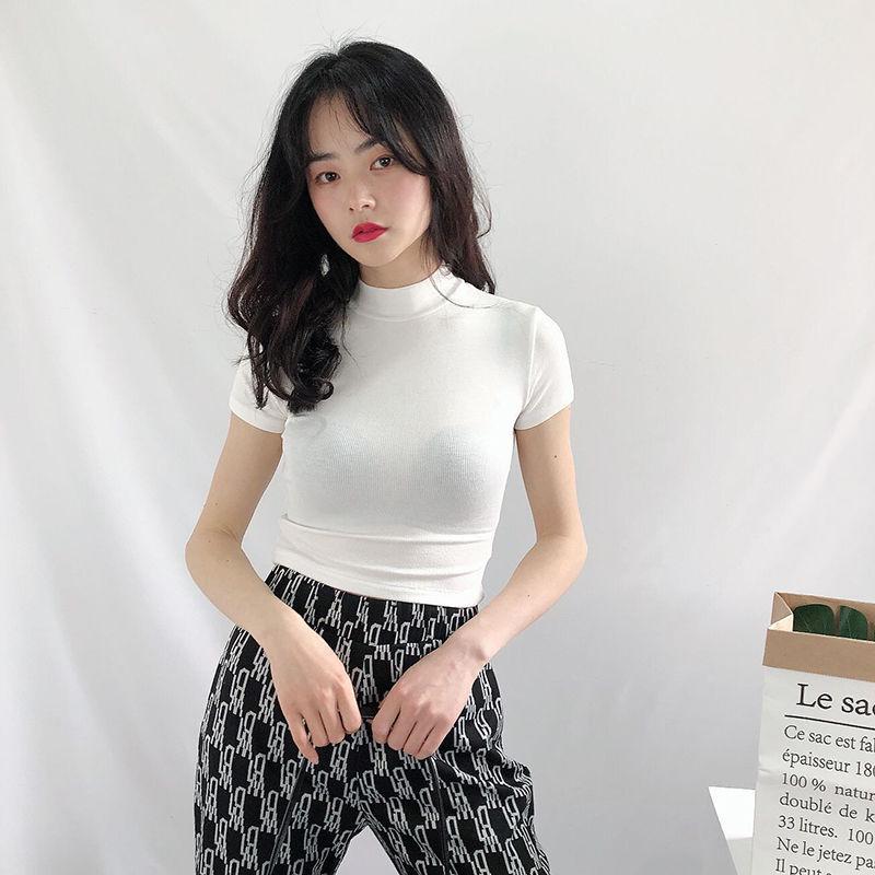 

Женский кроп-топ с высоким воротником, облегающего кроя, с короткими рукавами, в европейском и американском стиле Double Extra Large белый