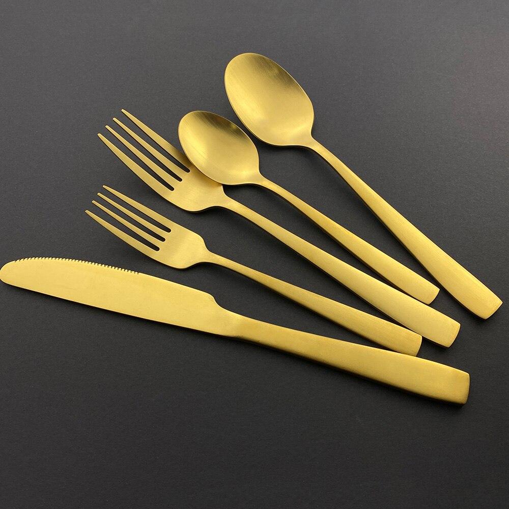 5Pcs Gold Matte Dinnerware Set Stainless Steel Cutlery Home Dessert Fork Spoon Knife Dinner Set Silverware Flatware Set