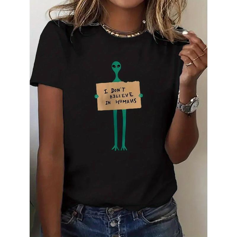 

Women s Green Alien Graphic T-Shirt I Don t Believe in Humans Casual Short Sleeve Tee for Sci-Fi Fans S чёрный