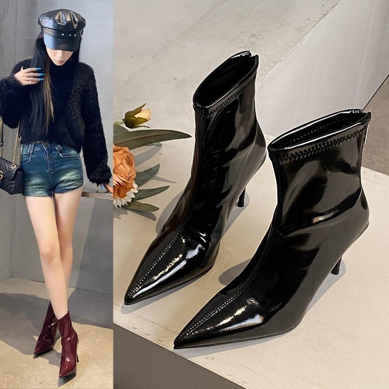 Wind pointed high heel patent leather glossy belt buckle high tube but knee boots knight boots women's Martin boots