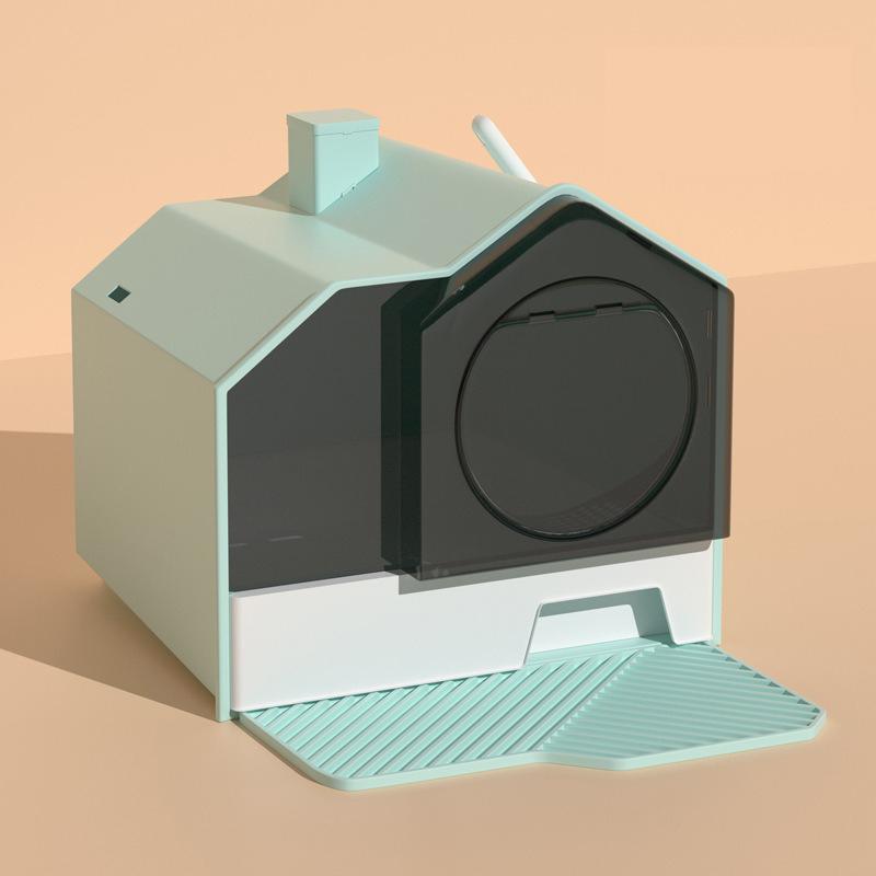 

Новый лоток для кошачьего туалета Полностью закрытый Барьер от запаха Очень большой Увеличенный выдвижной ящик Защита от разбрасывания наполнителя Лоток для кошачьего туалета Товары для питомцев with footrest зелёный