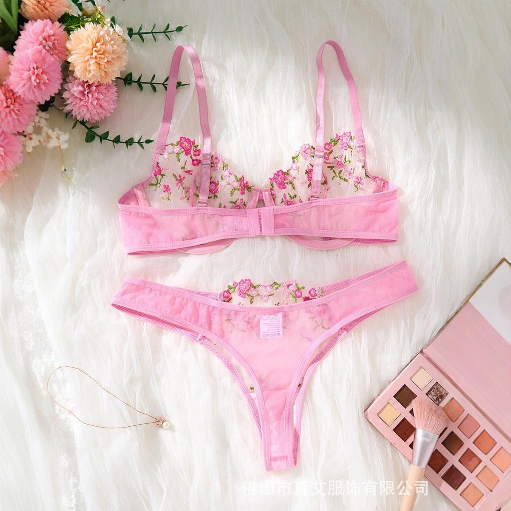 Pink Embroidered Mesh Erotic Underwear Set Women's Transparent Flower Lace French Bra Underwear Two-piece Set