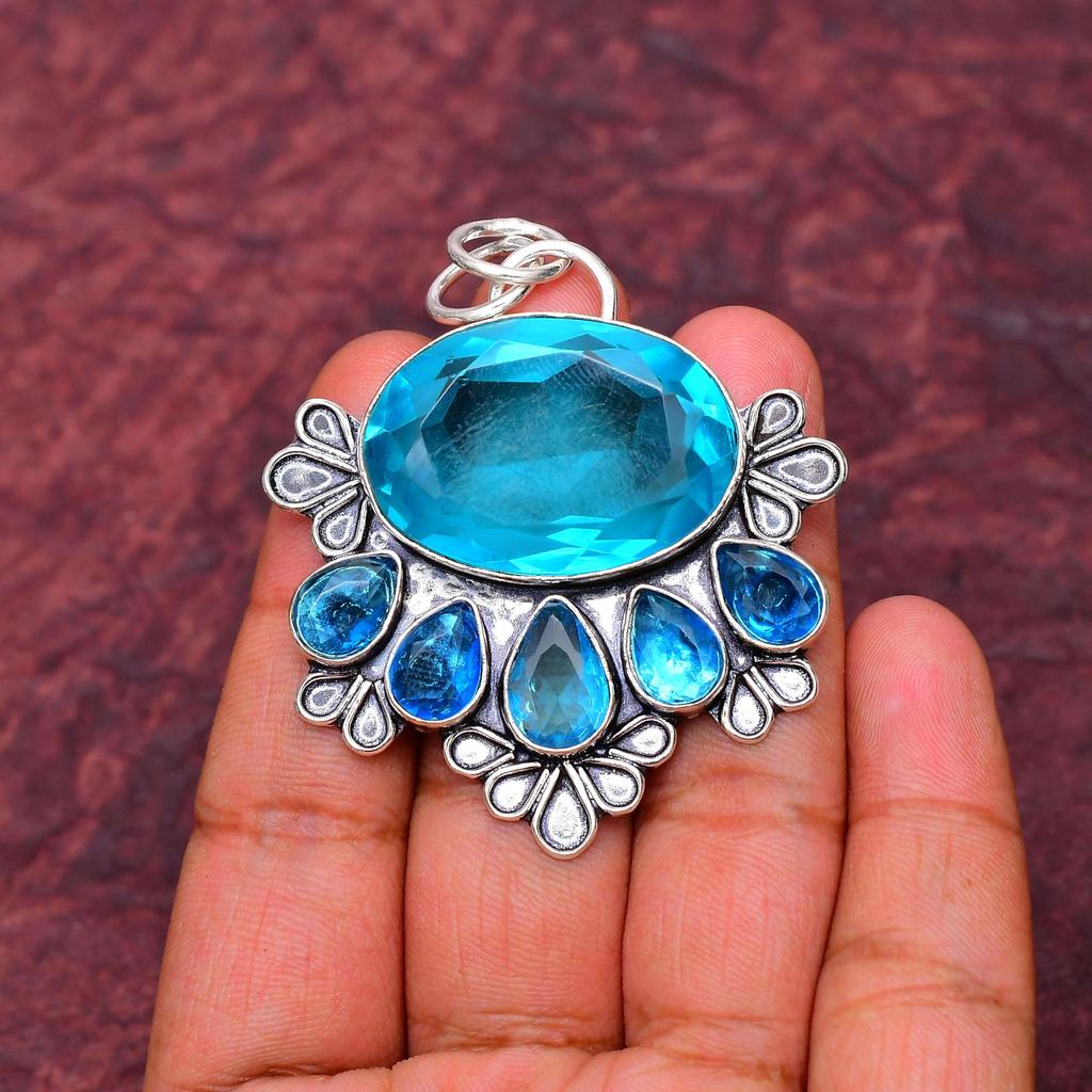Awesome Blue Topaz Gemstone Pendant: 925 Sterling Silver Handmade Pendant Necklace Jewelry