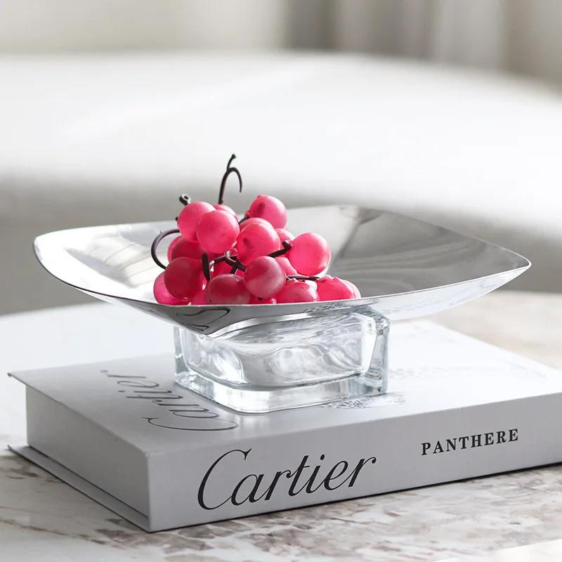 Luxury Metal Crystal Dessert Plate, High Footed Stainless Steel Plate, Fruit Plate, Decorative Ornaments, Restaurant Utensils