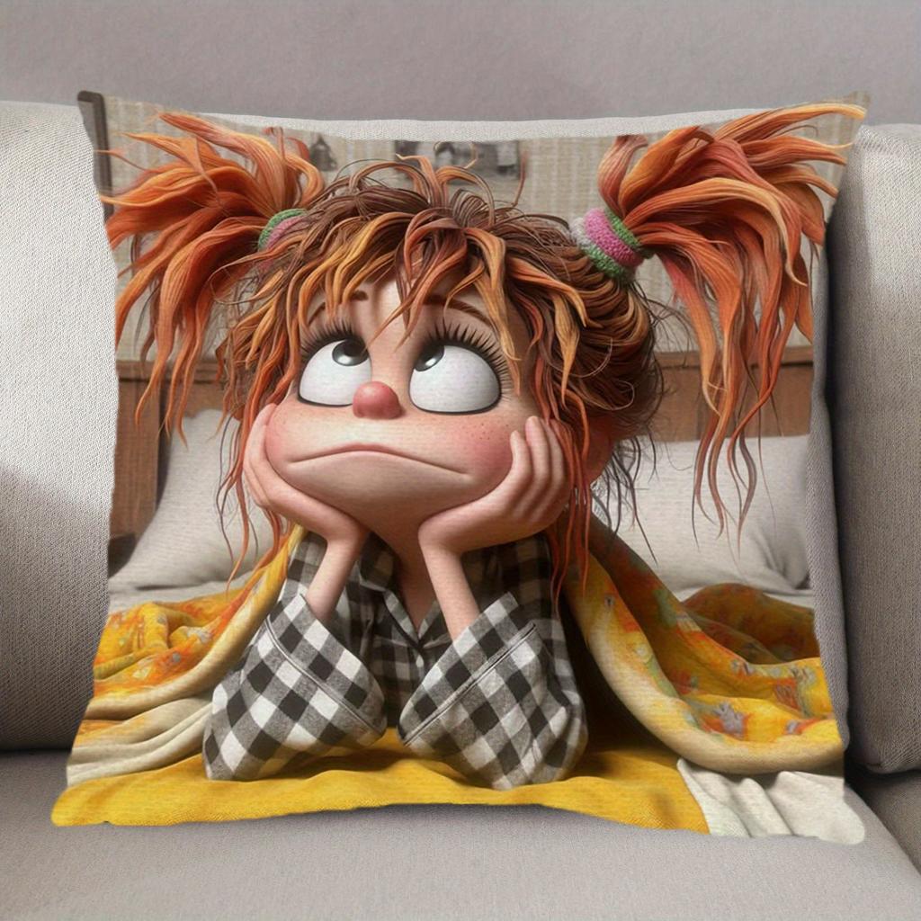 1pc Cute Bored Pippi Longstocking Style Girl Pillow Cover, 2D Double-Sided Print Polyester Throw Pillow Case, Whimsical Cartoon
