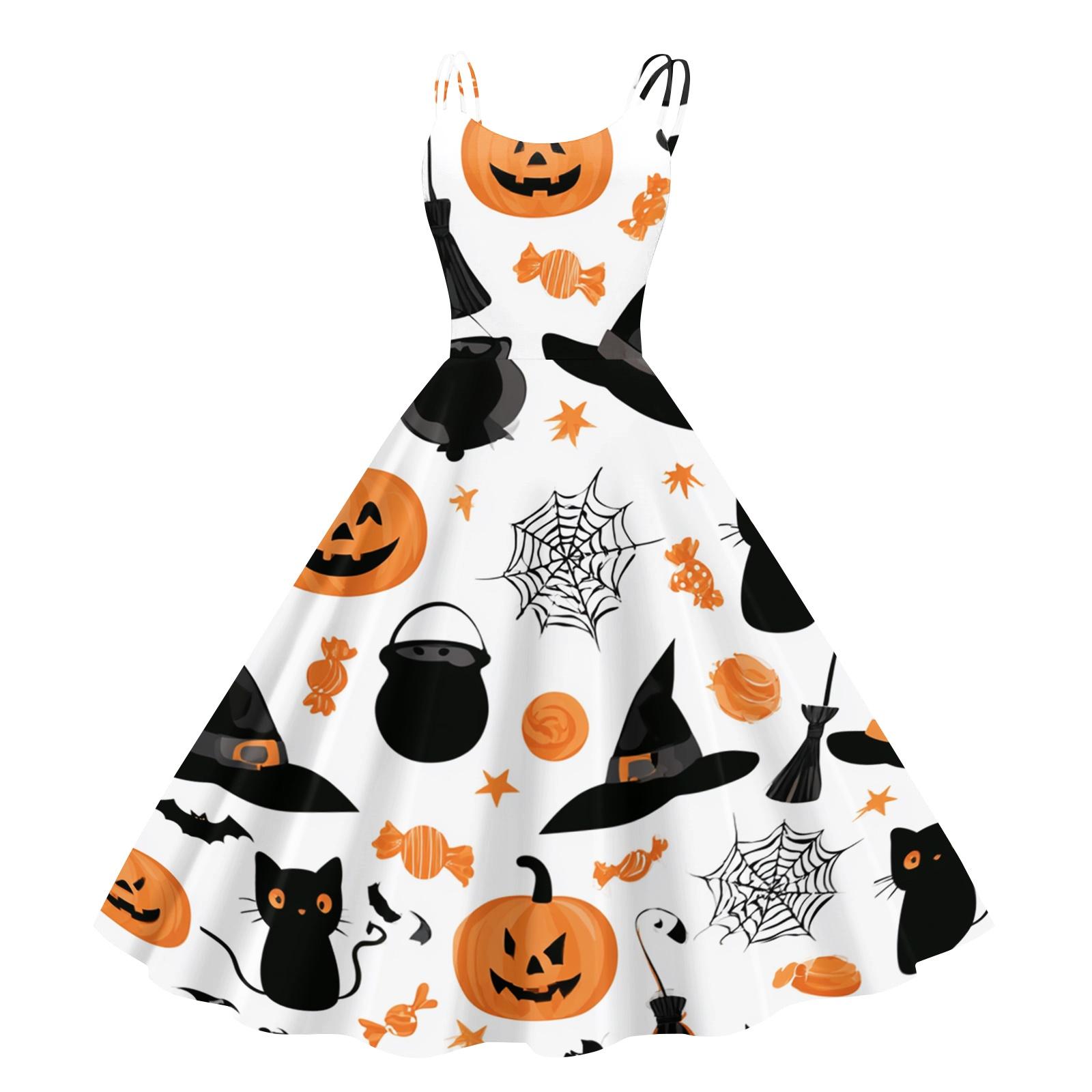 Women s Fashion Off-Shoulder Flared Dress with Halloween Print, Vintage L