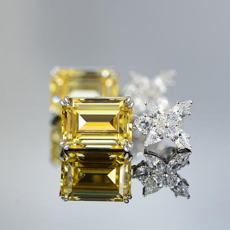 Earrings, Simulated Goose Yellow Zircon Flower Earrings, Simple Sugar Cube Style High-End Earrings