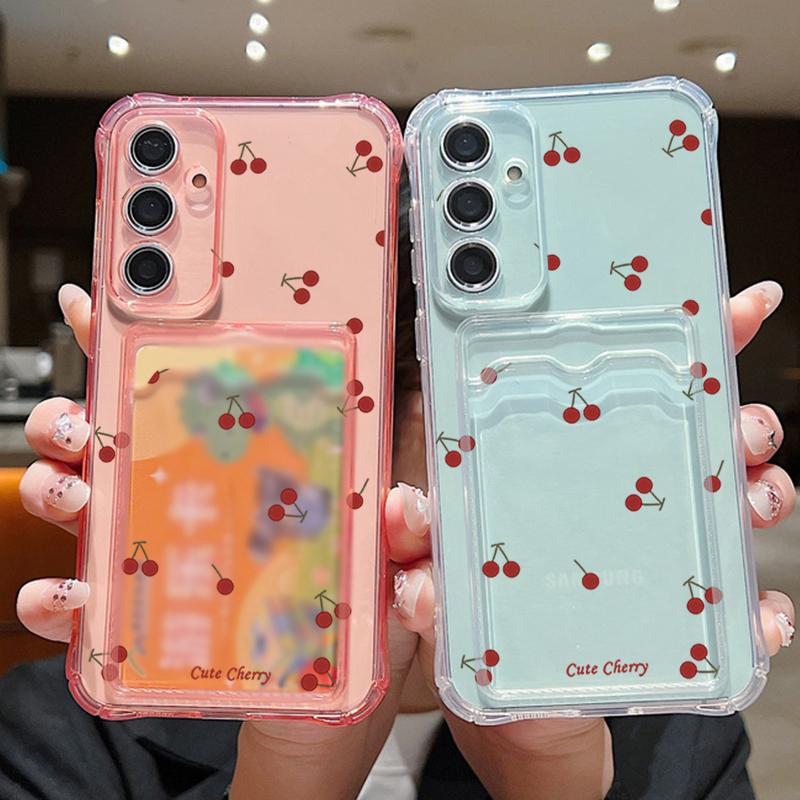 Motif Petite Cerise Fente pour Carte Transparente Coque en Silicone Pour Xiaomi 14T 13T Pro Poco F6 Pro X6 C65 Redmi Note 13 12 Pro 11 Antichoc Fine Souple Housse de Téléphone