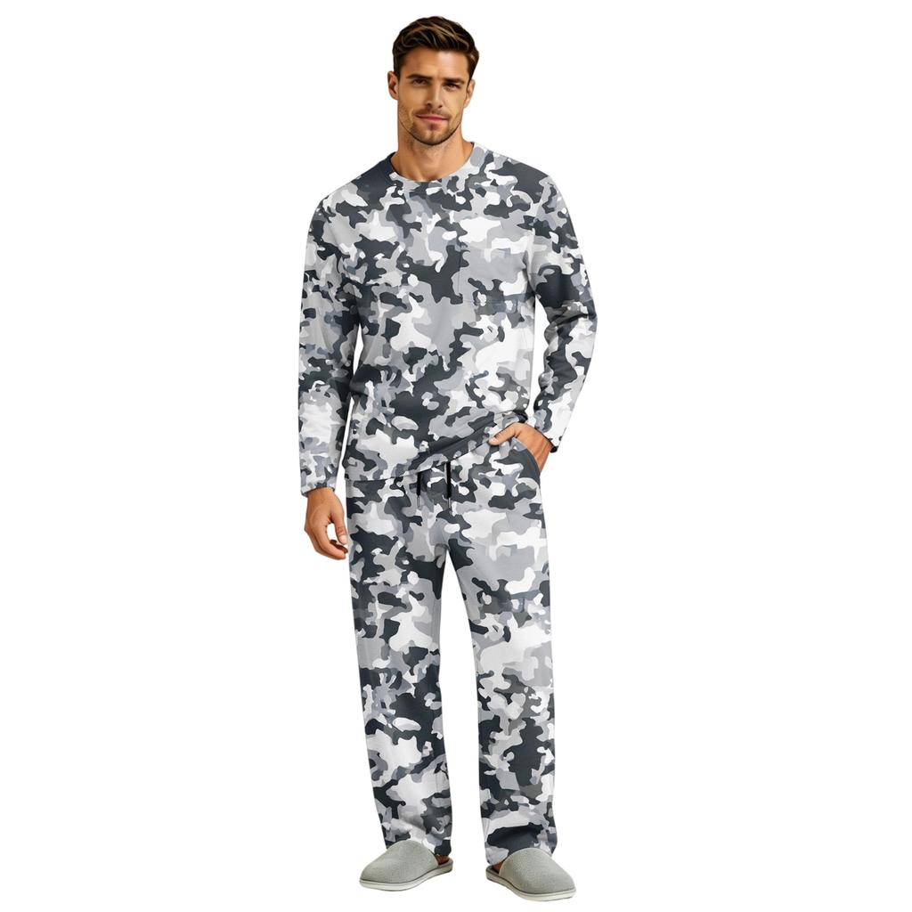 Men's Long Sleeve Pajama Set with Button Crotch and Elastic Drawstring Waist Pants for Home Loungewear