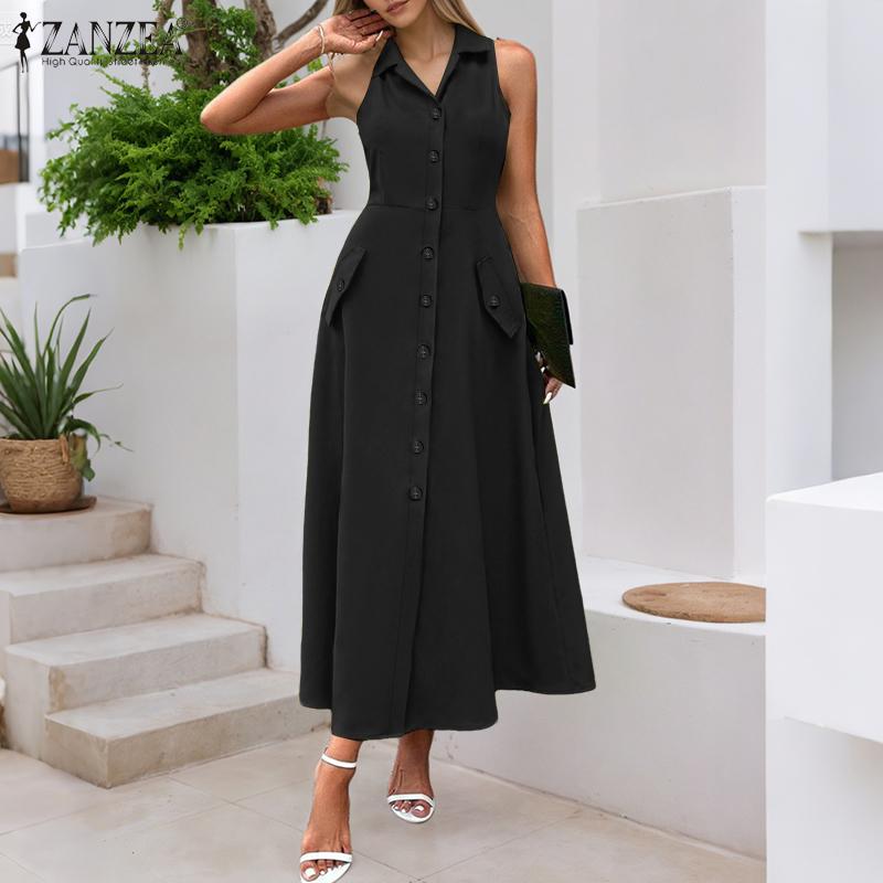ZANZEA Women Summer Turn Down Collar Casual Sleeveless Long Dress
