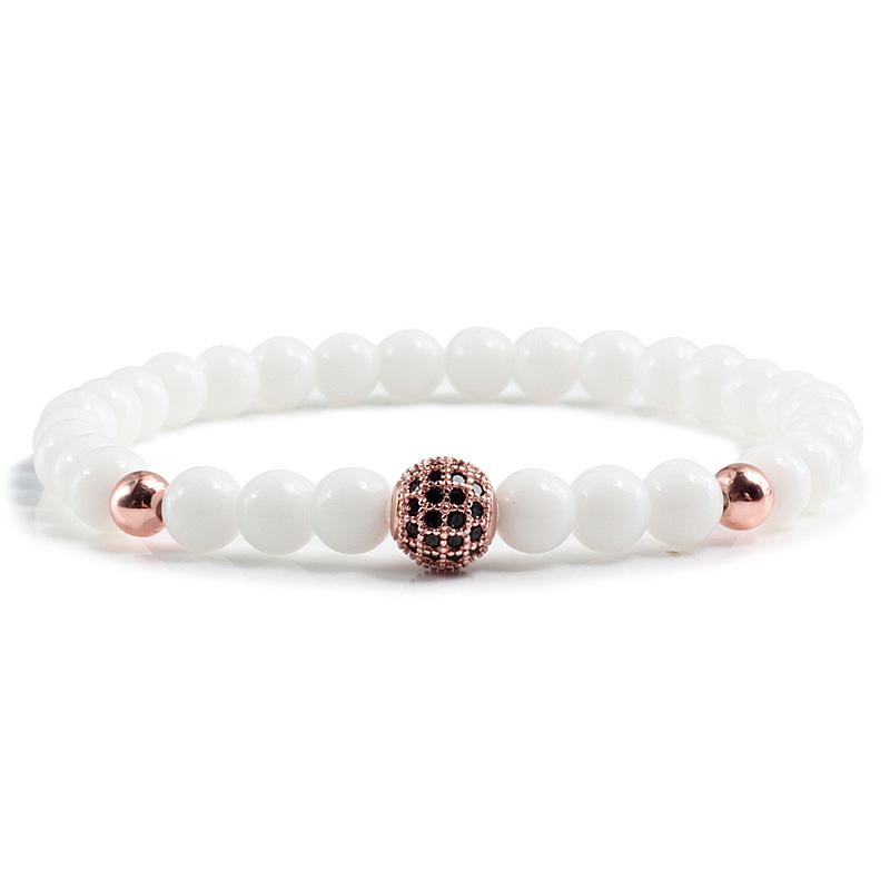 Black Frosted Copper Bead Bracelet with Micro-Inlaid Black Diamond and White Porcelain, Elastic Rope Jewelry for Men and Women.