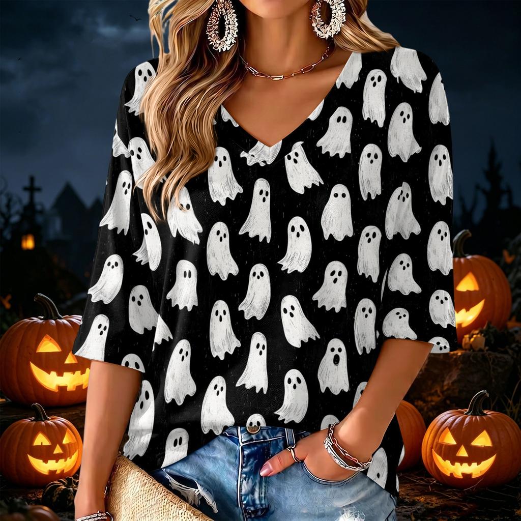 Women's V-Neck Halloween Print Lightweight Blouse for Spring and Summer