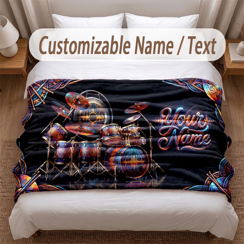 Music Drums Theme Soft Blanket Personalized Custom Name Text Print Warm Blanket Home Sofa Bedroom Decor
