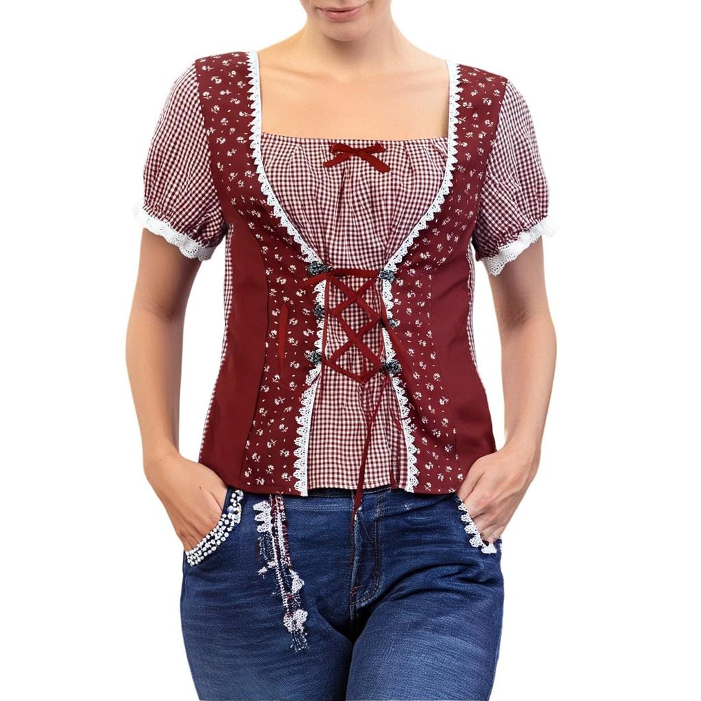 Traditional Women's Casual Short-Sleeve Plaid Shirt Beer Festival