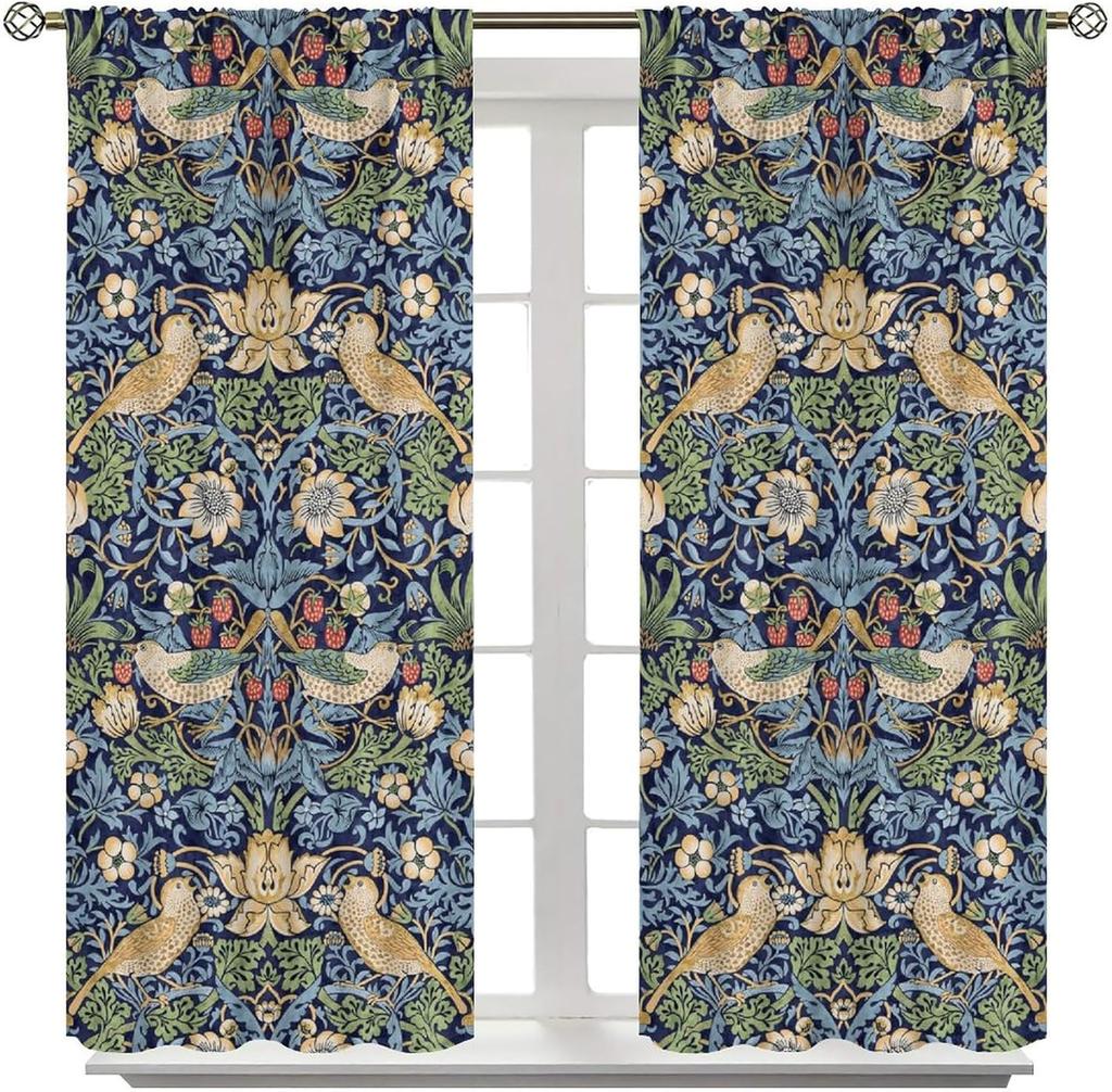 Vintage Floral Curtain  Blue William Morris Original Design Strawberry Thief for Bedroom  Living Room   Kitchen Privacy Curtain  2 P