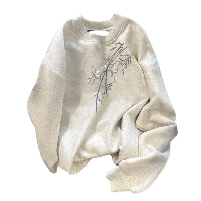 Herren Bambusblatt Fleece-gefüttertes Rundhals-Sweatshirt - Schwergewicht 450G, Chinesischer Stil, Herbst/Winter.