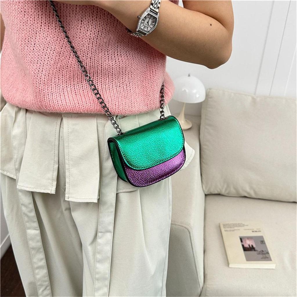 Women's K-G PU Mini Colorful Splicing Chain Bag Fashionable And Versatile Saddle Bag Single Shoulder Crossbody Bag