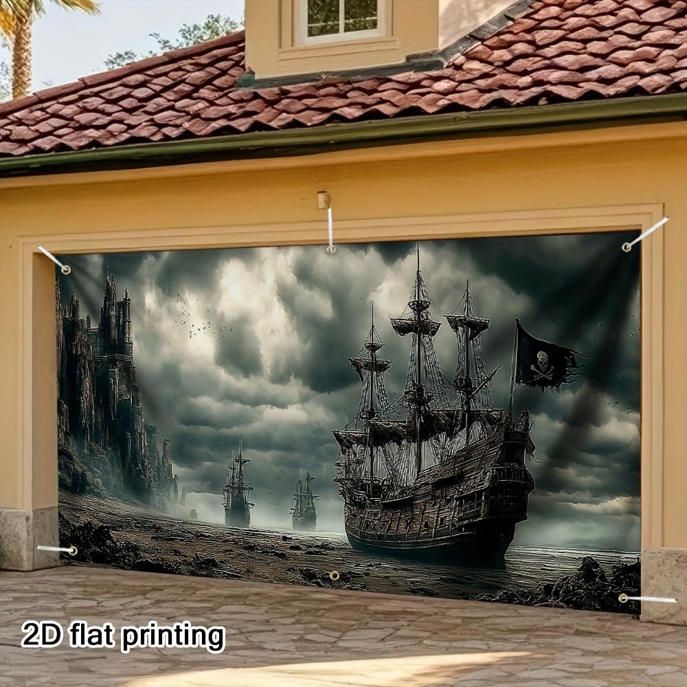2D flat plate, 2D door curtain, 1 pirate ship garage sign - 2D flat printing of an abandoned pirate ship pattern
