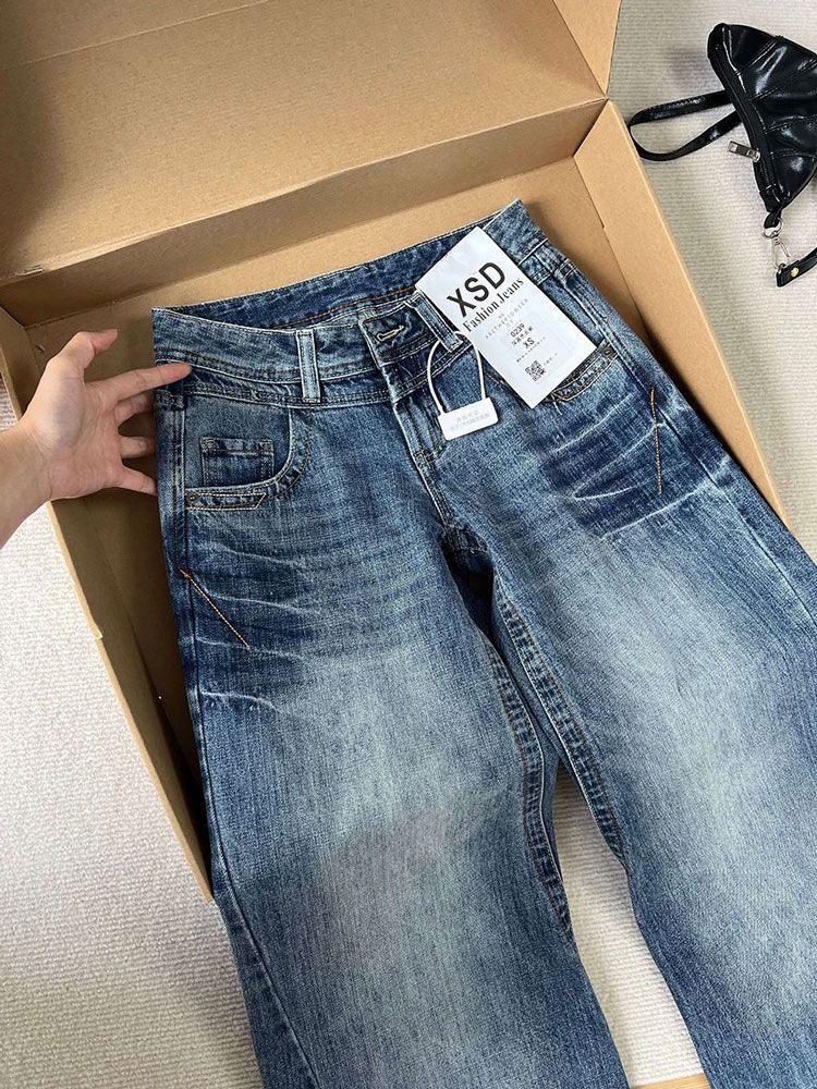 Comfortable Large Size Micro Flare Jeans Female Autumn Retro High Waist Washed Loose Horseshoe Straight Long Trousers Jeans for Women Long Denim Pants