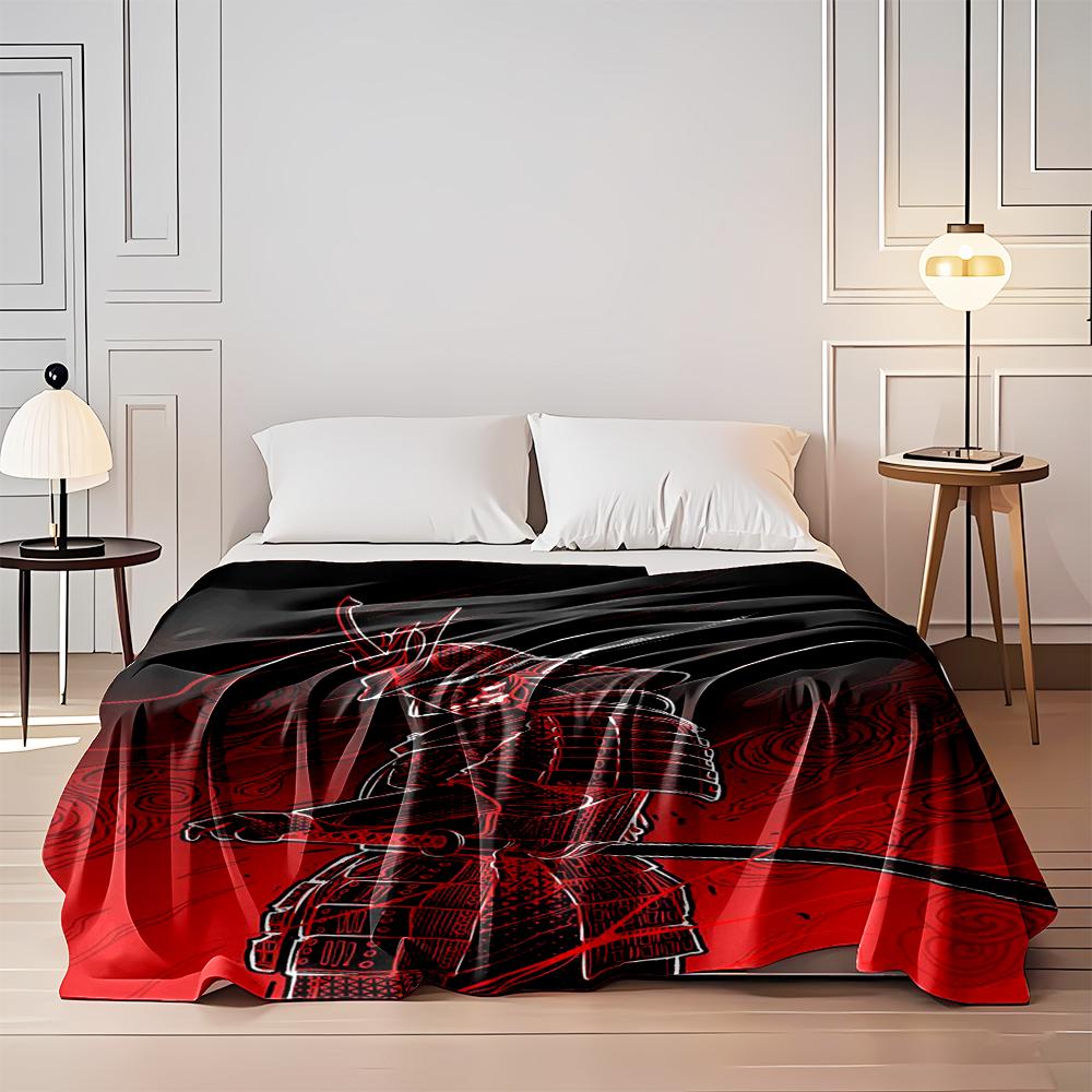 Samurai Warrior on Red and Black Background, Flannel blanket for bedroom, living room, sofa, and nap sofas.