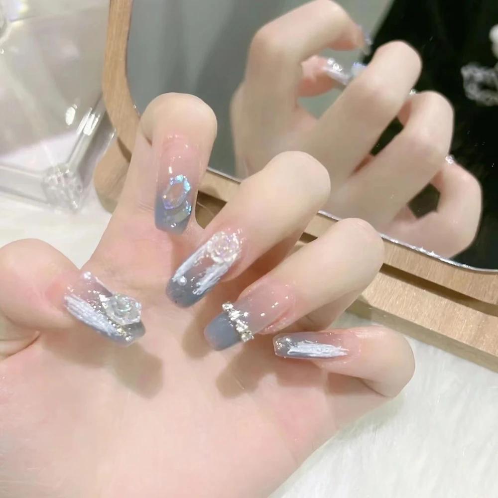 10Pcs Handmade French Gradient Cat Eye Press On Nails With 3D Butterfly Diamond Flowers Long Coffin Almond Shape