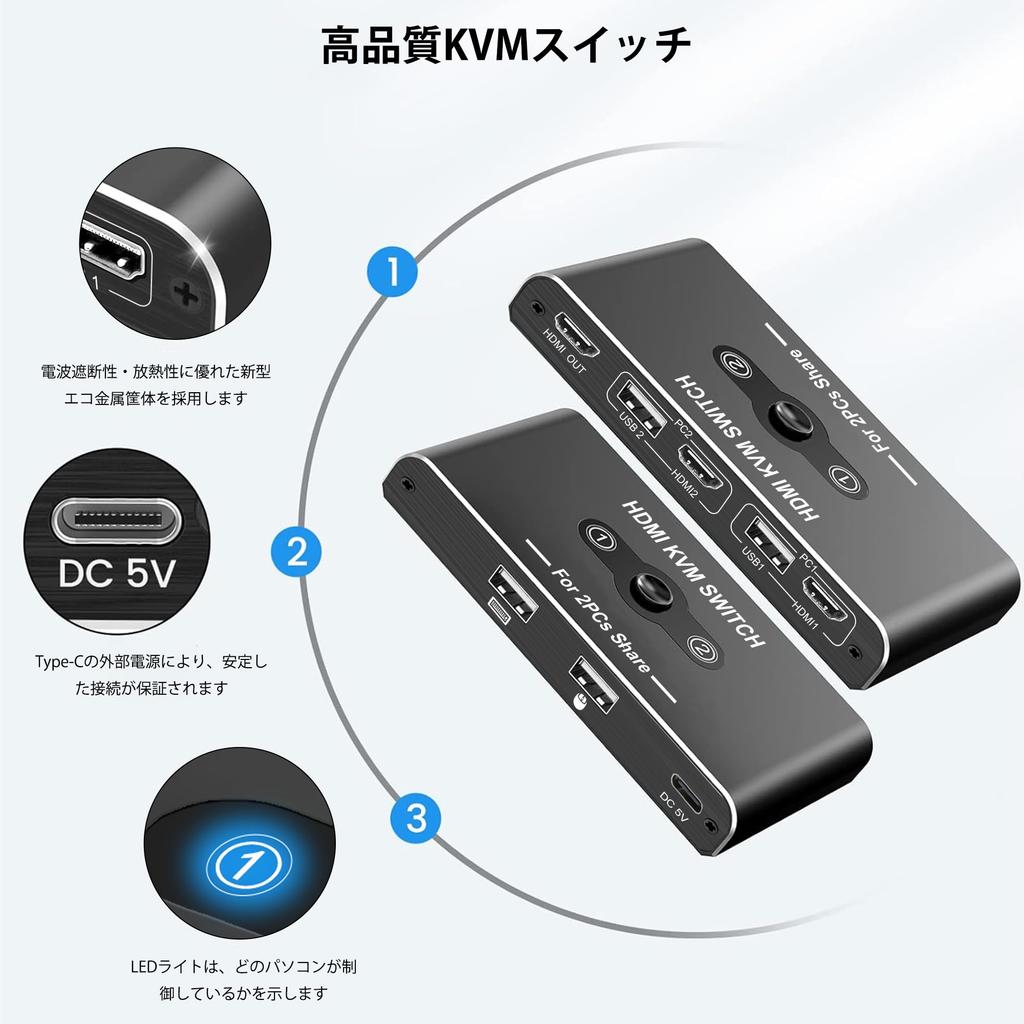 USB KVM Switch with 2 HDMI Inputs and 1 Output, Switches Between 2 PCs and 1 Monitor, Shares Keyboard/Mouse/Display Between 2 PCs, 4K@60Hz Video Outpu