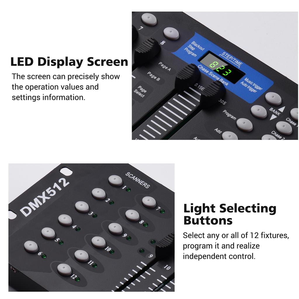 512 Light Controller Console Panel 192CH Programming Function Sound Activated with LED Screen for Stage DJ Pubs Bar Party Wedding Par Light