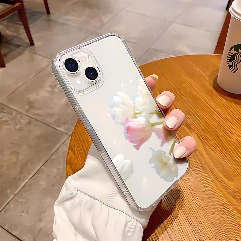Simple pink and white tulip Apple 17pm mobile phone case anti-drop protective case iPhone15pm transparent soft case light and thin