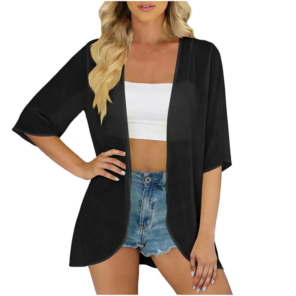 Cardigan Aperto da Donna a Manica 3/4 Leggero Kimono Copricostume Sciarpa Drappeggiata Casual Capospalla