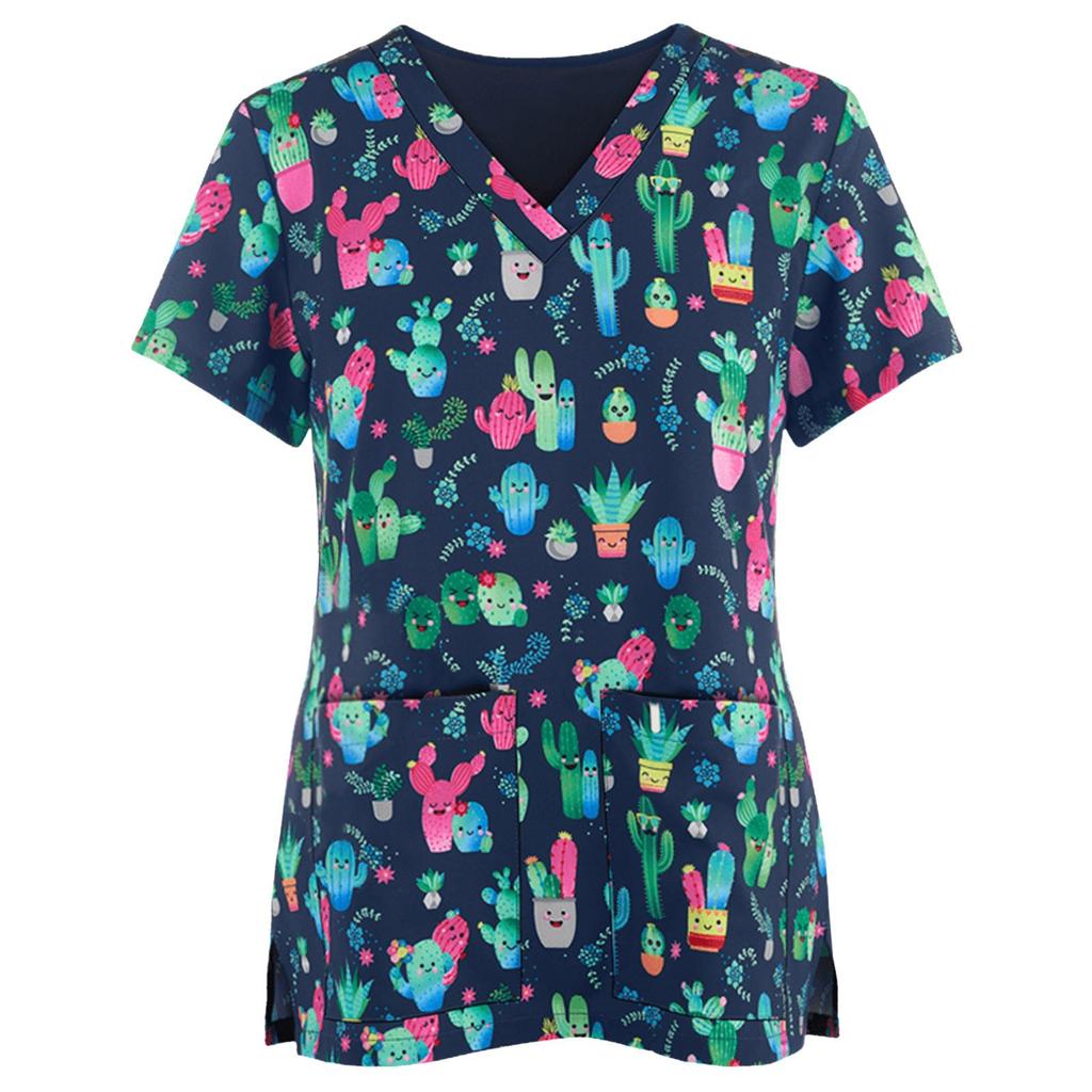 Uniforme de Travail pour Femmes Imprimé Animal Chat Chien Dessin Animé Manches Courtes Col V Hauts Femme Blouse Vêtement de Travail d'Infirmière Uniformes Médicaux