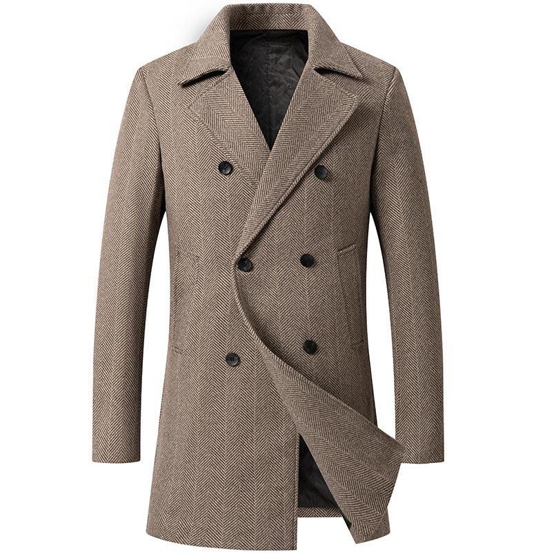 Men's Mid-Length Plaid Wool Coat - Double-Breasted, Cotton-Padded Jacket