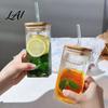 Elegant Glassware for Wedding Gifts Glass Cup with Lid And Straw Square Clear Borosilicate Heat Resistant Kitchen Tumbler Portable Drinking