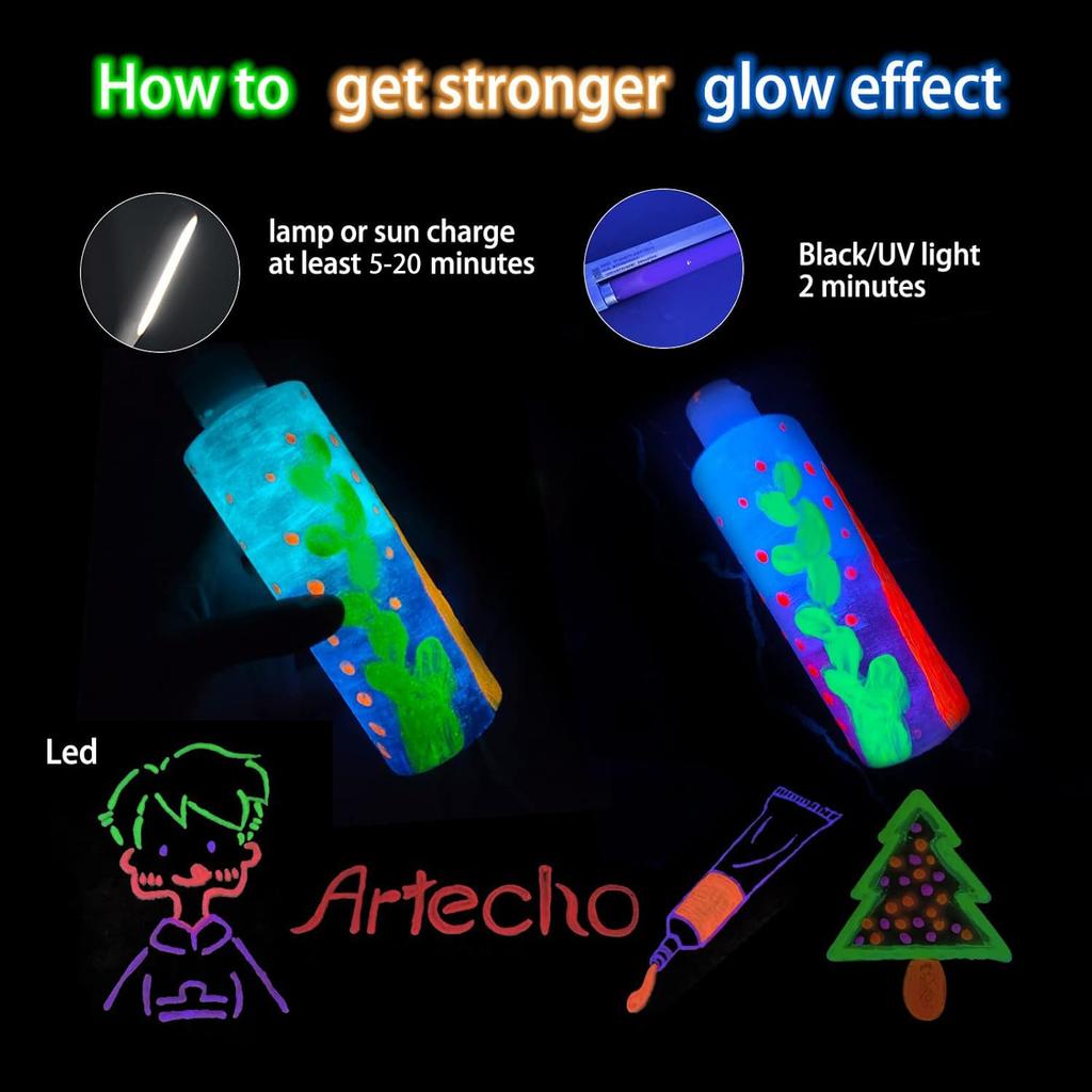 Artecho Självlysande Färg, 6 Färger, 60ml/2oz, Akrylfärger för Dekorativ Konstmålning, Utomhus och Inomhus, Hantverk, Duk, Sten, Trä, Wa