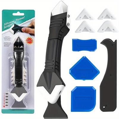 3 In 1 Stainless Steel Head Silicone Caulking Tool Set - Caulk Cleaner, Scraper and Plate - Blue, No Assembly Required