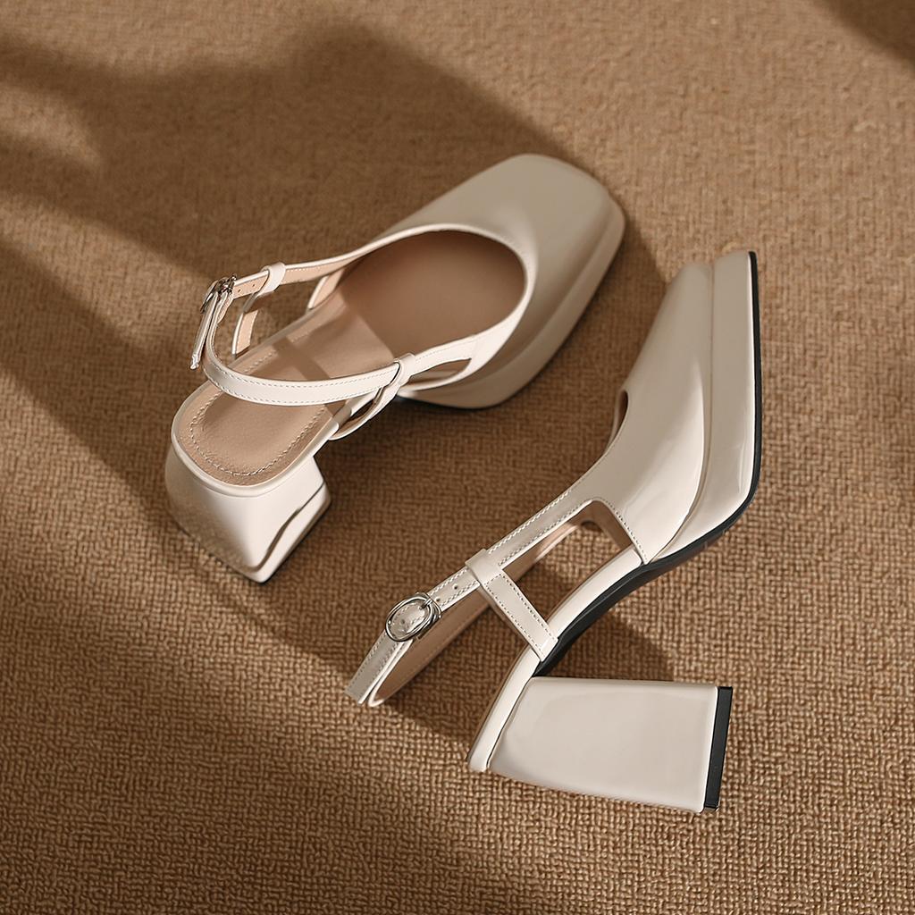 European and American retro square head Mary Jane shoes spring 2025 empty high heels waterproof table patent leather thick heel single shoes women